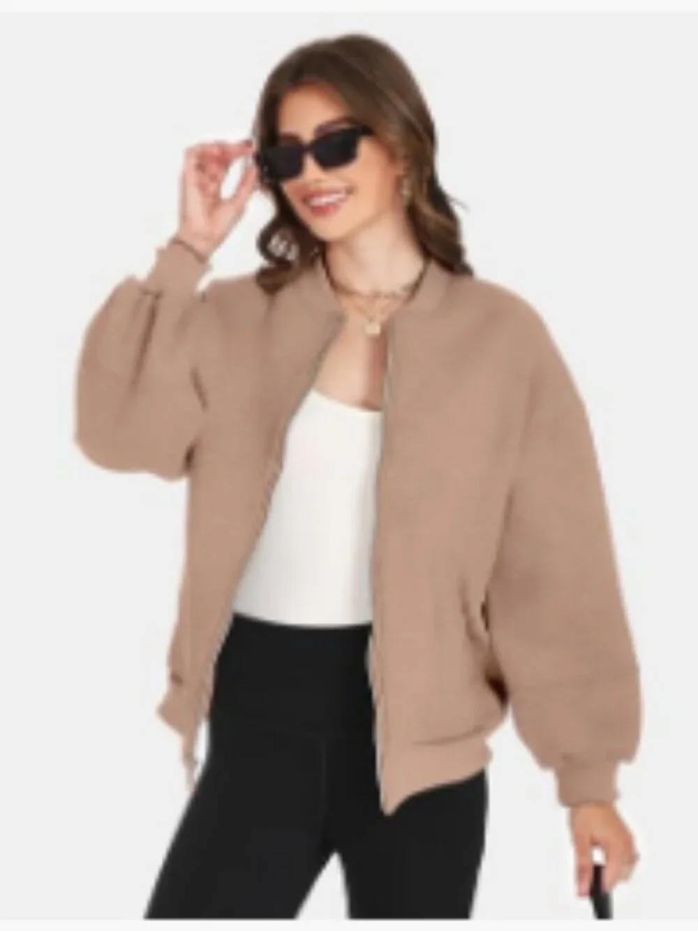 Oversized Zip Up Fleece Bomber Jacket with Lantern Sleeves - Picture 5 of 6